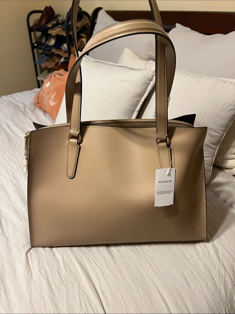 Coach Taupe Pebbled Leather Tote with Floral Charm